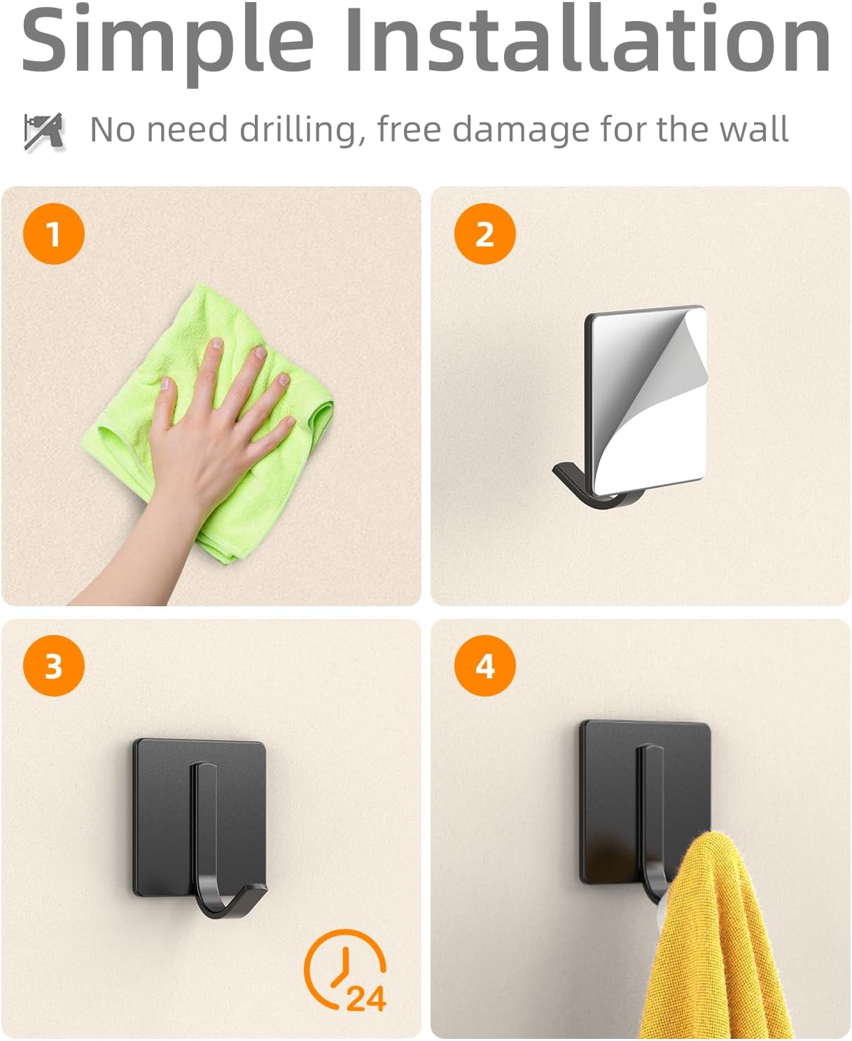 Batur 6 Packs Wall Hooks, Improved Adhesive Hooks for Hanging Towel, Coat, Clothes, Stainless Steel Towel Holder, Towel Hooks for Bathroom, Closet, Kitchen, Bedroom, Black