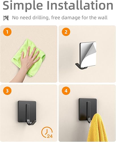 Miniatura 7 de Batur Paquete de 6 ganchos de pared, ganchos adhesivos mejorados para colgar toallas, abrigos, ropa, soporte para toallas de acero inoxidable,