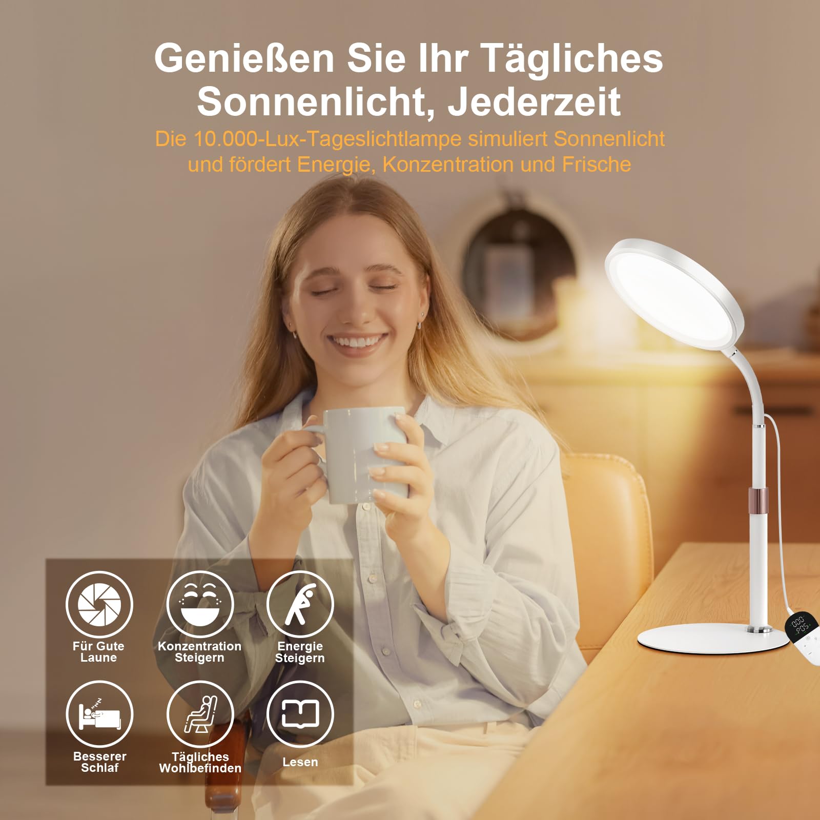 Lampada SAD, Lampada Per Terapia Della Luce Senza Raggi UV Da 10.000 lux, 3 Temperature Di Colore, 9 Luminosità e Timer da 15/30/45Min, Lampadas a luce Diurna Per Uso Domestico/Ufficio