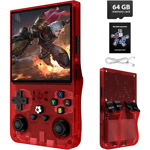 R36MAX Retro Handheld Game Console, 4.0 Inch IPS Screen, 64GB Memory, Portable Arcade Video Gaming Console Gift for Adults, Red