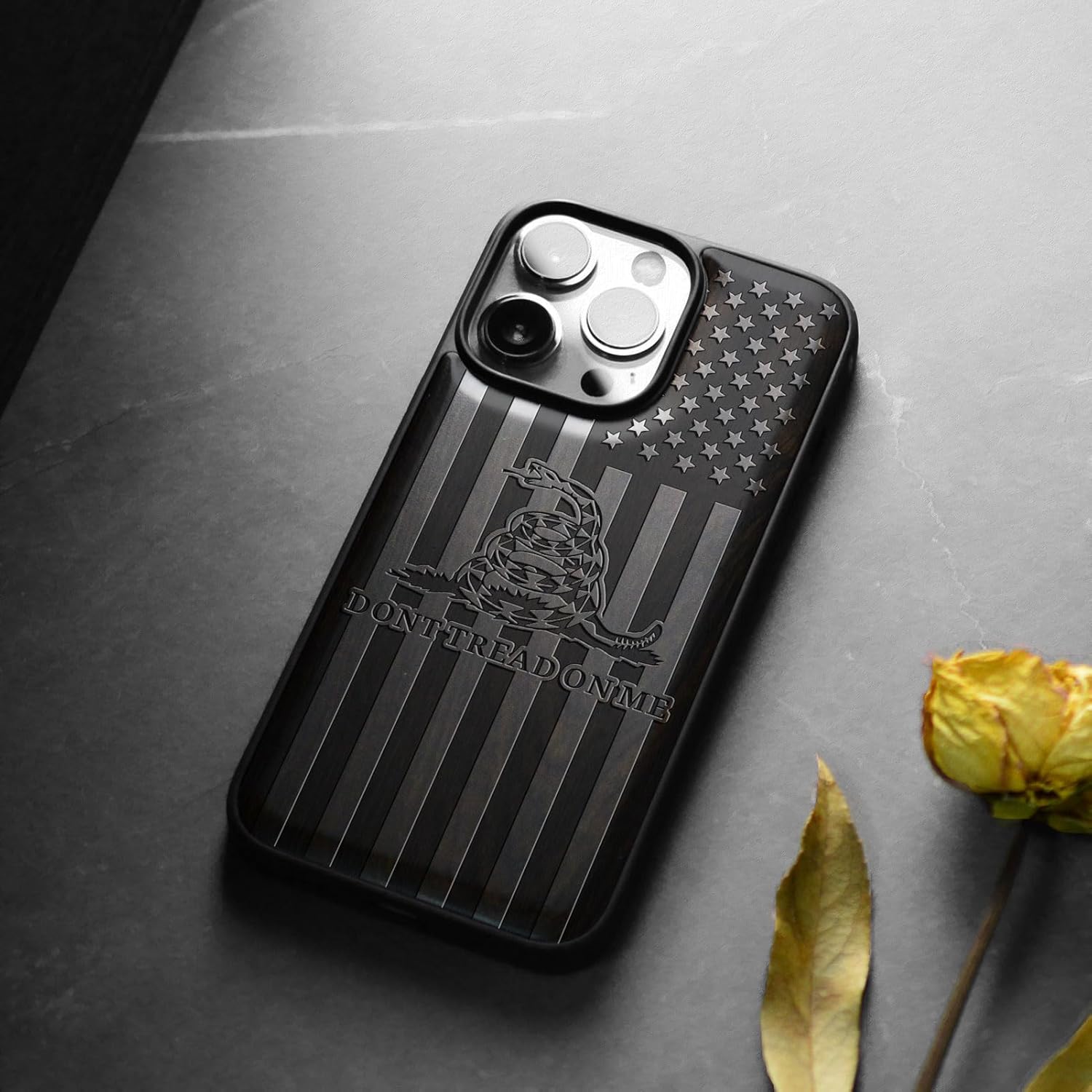 Carveit Magnetic Wooden Case for iPhone 15 Pro Max Case, Compatible with MagSafe Wireless Chargers, Black Soft TPU Shockproof Cover & Wood Artisan Engraved (Gadsden Flag) Blackwood - Image 4