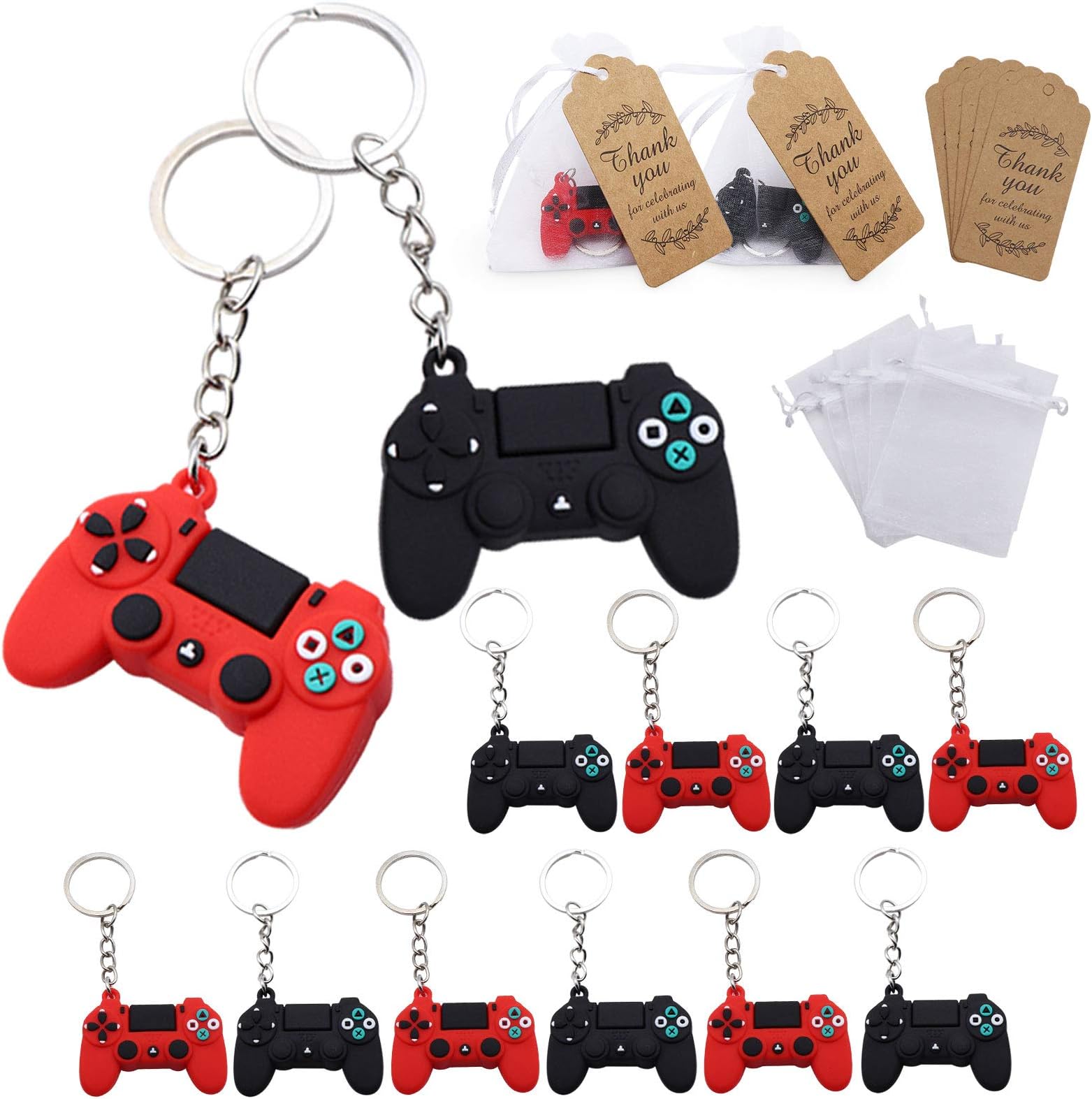 Video Game Party Favors 20 Sets Game Handle Keychain Goodie Gifts with Thank You Kraft Tags And Organza Bags For Kid Birthday Party Supplies