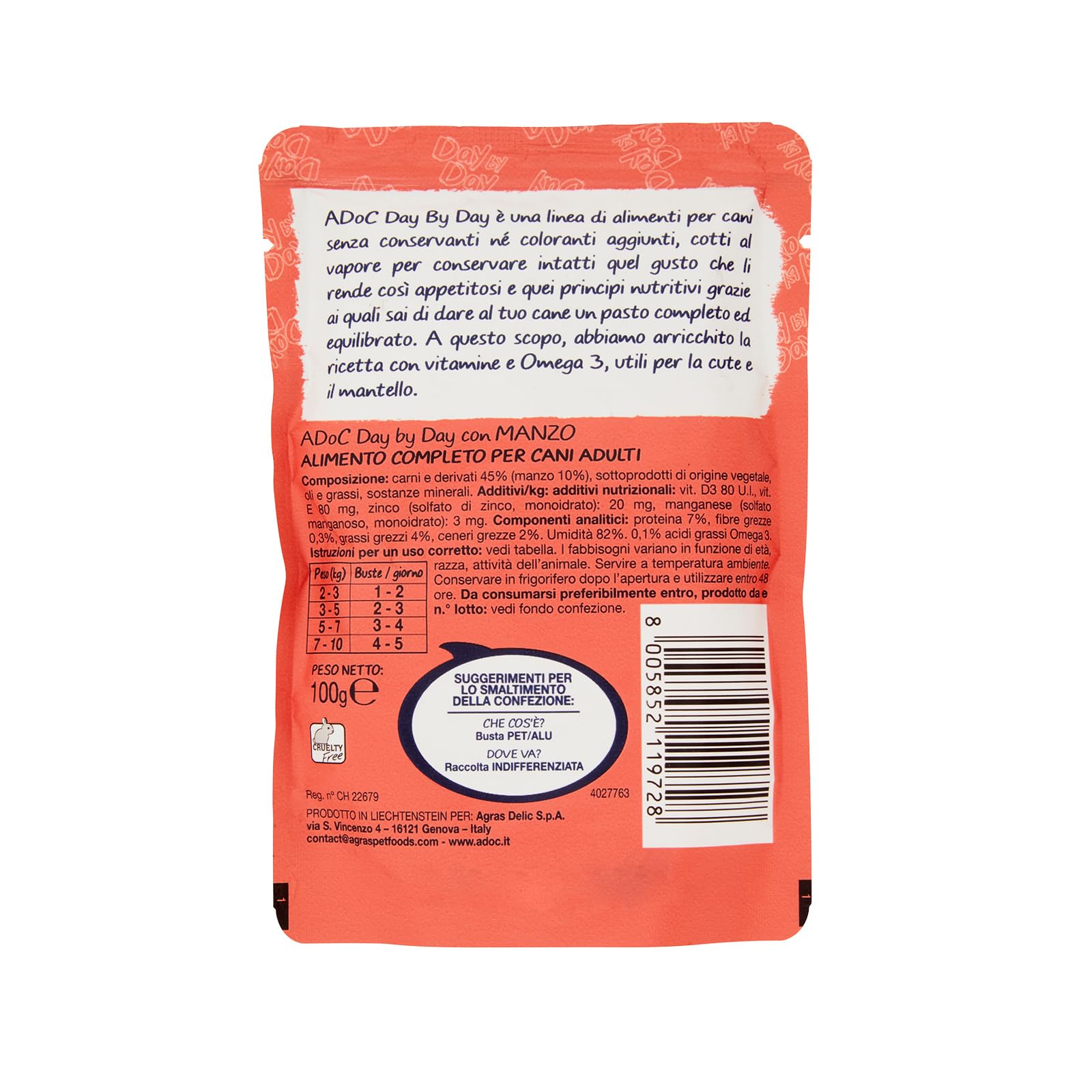 Adoc Day by Day, Alimento Umido Completo per Cani Adulti, Bocconcini con Manzo, 24 Buste da 100 g, Ingredienti Naturali, Senza Coloranti e Conservanti