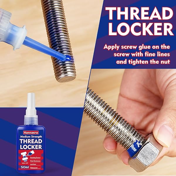 A close-up view of the Hannaera 243 medium-strength blue threadlocker bottle.