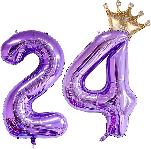 Globo morado del número 24 de 32 pulgadas, globos de aluminio jumbo con corona desmontable para decoración de fiesta de cumpleaños 38, 24