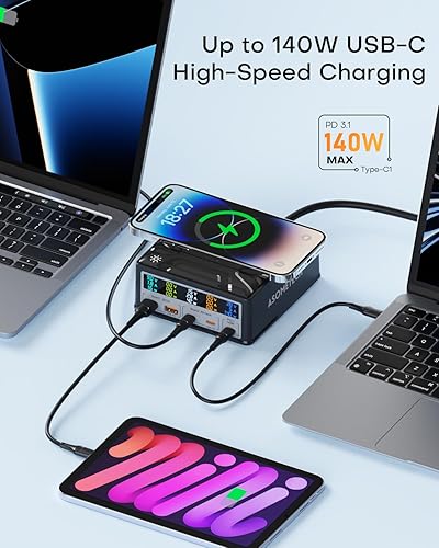 Miniatura 2 de Estación de carga USB, concentrador de carga rápida de 260 W, 5 puertos, cargador GaN USB C de 140 W PD3.1 con pantalla LCD, cargador inalámbrico,