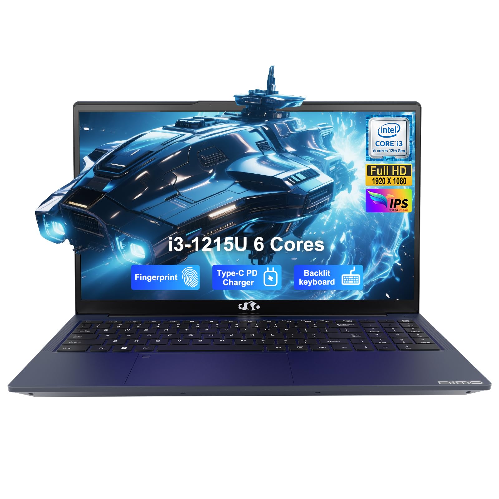 NIMO 15.6" IPS FHD Student Laptop, 12th Gen Intel Core i3-1215U (Up to 4.4GHz, Beat R5 7520U) 16GB RAM 512GB SSD Computer with 180° Viewing, 65W Type C, HDMI, Wi-Fi 6, Portable for Home and Business