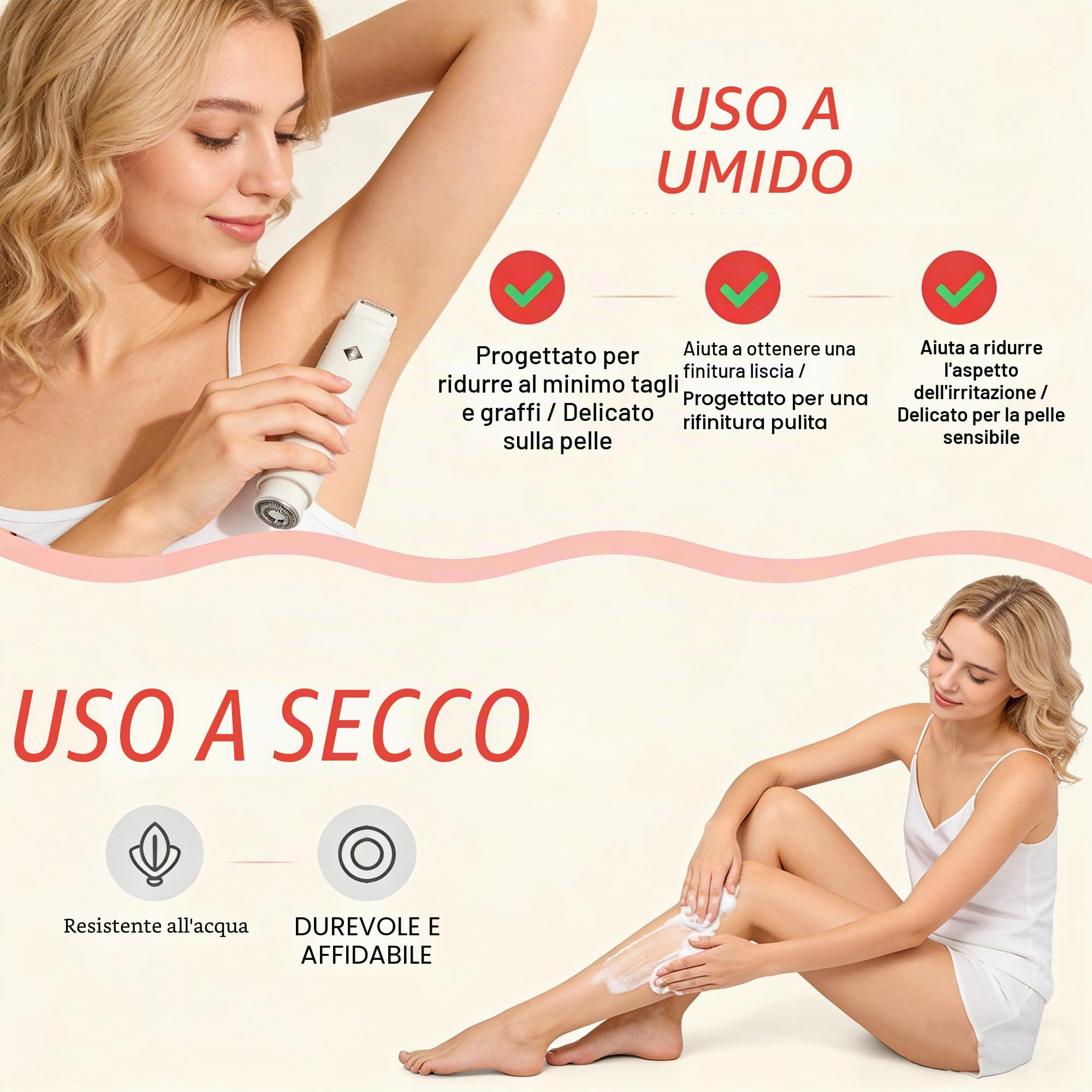 Rasoio elettrico 2 in 1 da donna, rasoio per bikini e corpo con lame in ceramica 3D, rasatura a umido e a secco, senza fili, ricaricabile (USB-C) per gambe, ascelle, viso e viaggi