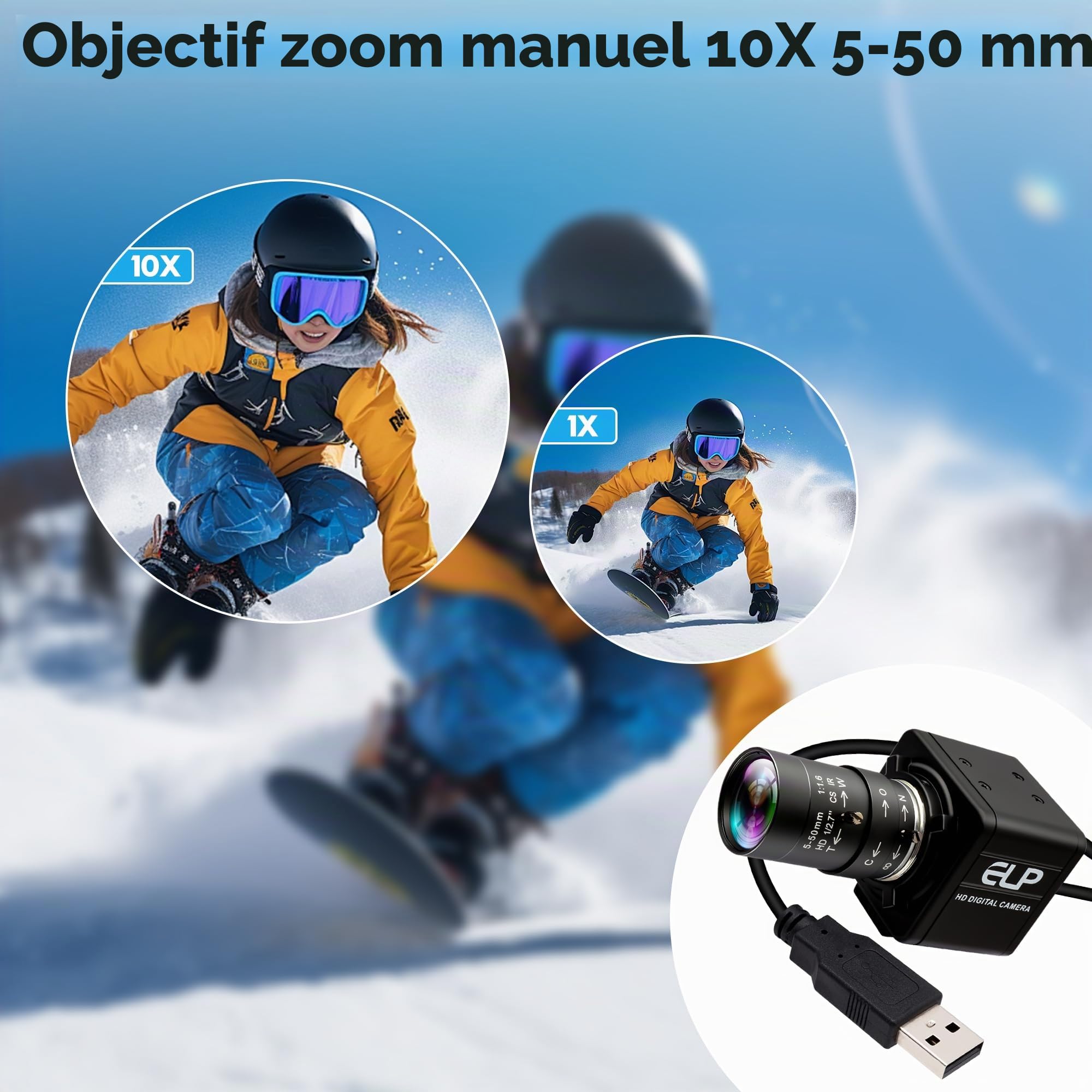 ELP Caméra USB 16 mégapixels haute résolution 5K USB avec monture CS 5-50 mm Objectif Varifocus manuel Gros plan OpenCV Caméra pilote gratuit pour Windows Linux Laptop Jetson Nano