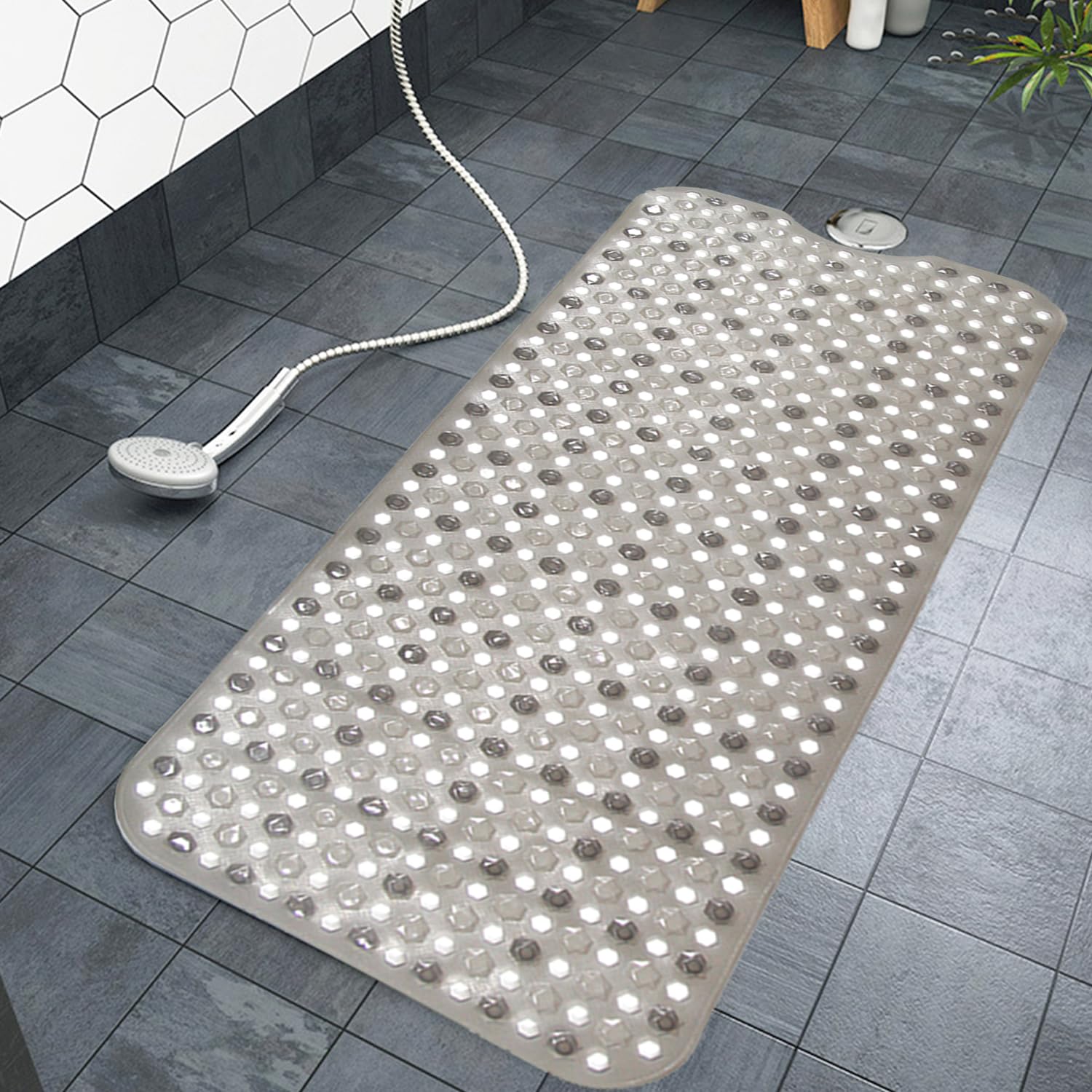 Non Slip Bath Mat Anti Mold Rubber Mat with Suction Cups - Transparent Washable Large Drain Holes for Use inside the Bathroom Shower Mat - Grey - 40 x 70 cm