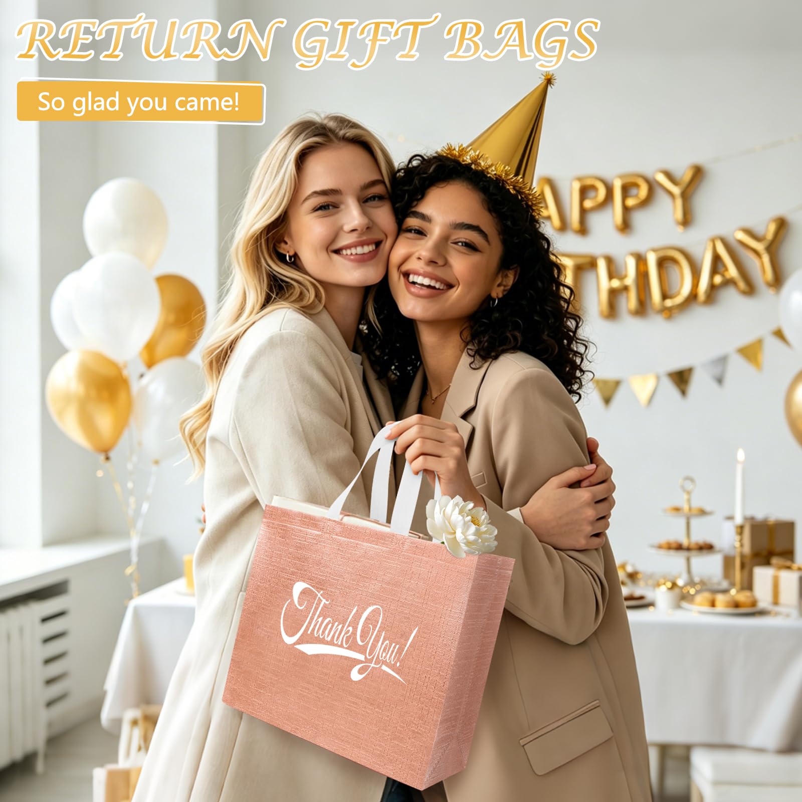 Takytao Lot de 30 sacs cadeaux de remerciement avec poignées - 27,9 x 30,5 x 12,7 cm (H x L x l) en vrac, réutilisables, sacs cadeaux de remerciement non tissés pliables pour affaires, shopping