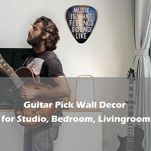 Miniatura 2 de AZEZO Decoración de púas de guitarra metálica, arte de pared musical de 12 x 10 pulgadas, arte de pared de guitarra inoxidable, con "Music Is What