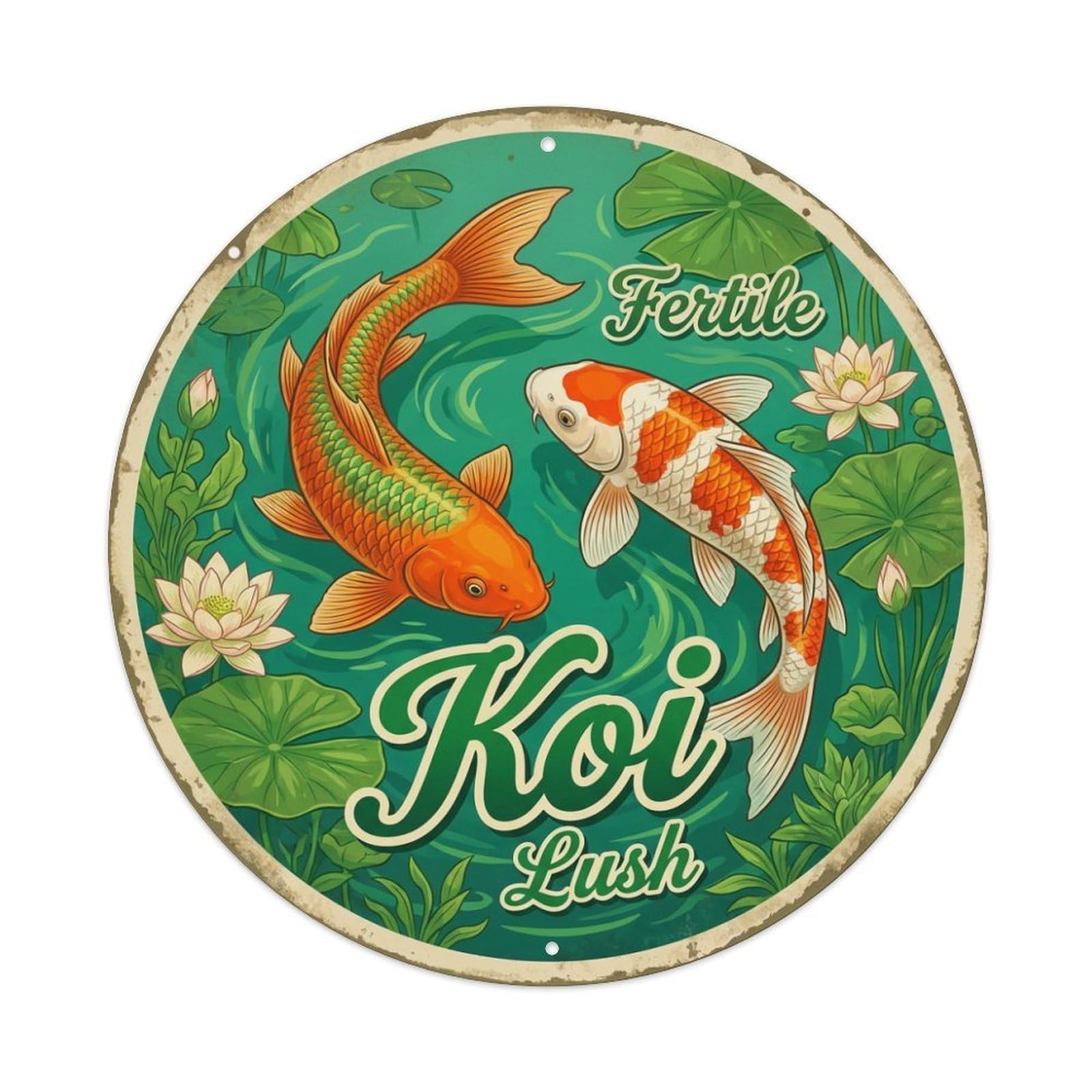 Tgrcjimh Style Metal Tin Sign Koi Fish Lush Green Japanese Retro Ukiyo-E