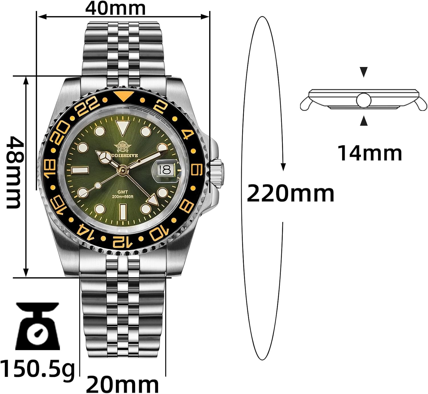 ADDIESDIVE GMT Watches for Men Swiss Quartz Movement Waterproof 200 M Luminous Analog Two Tone Luxury Wrist Watch