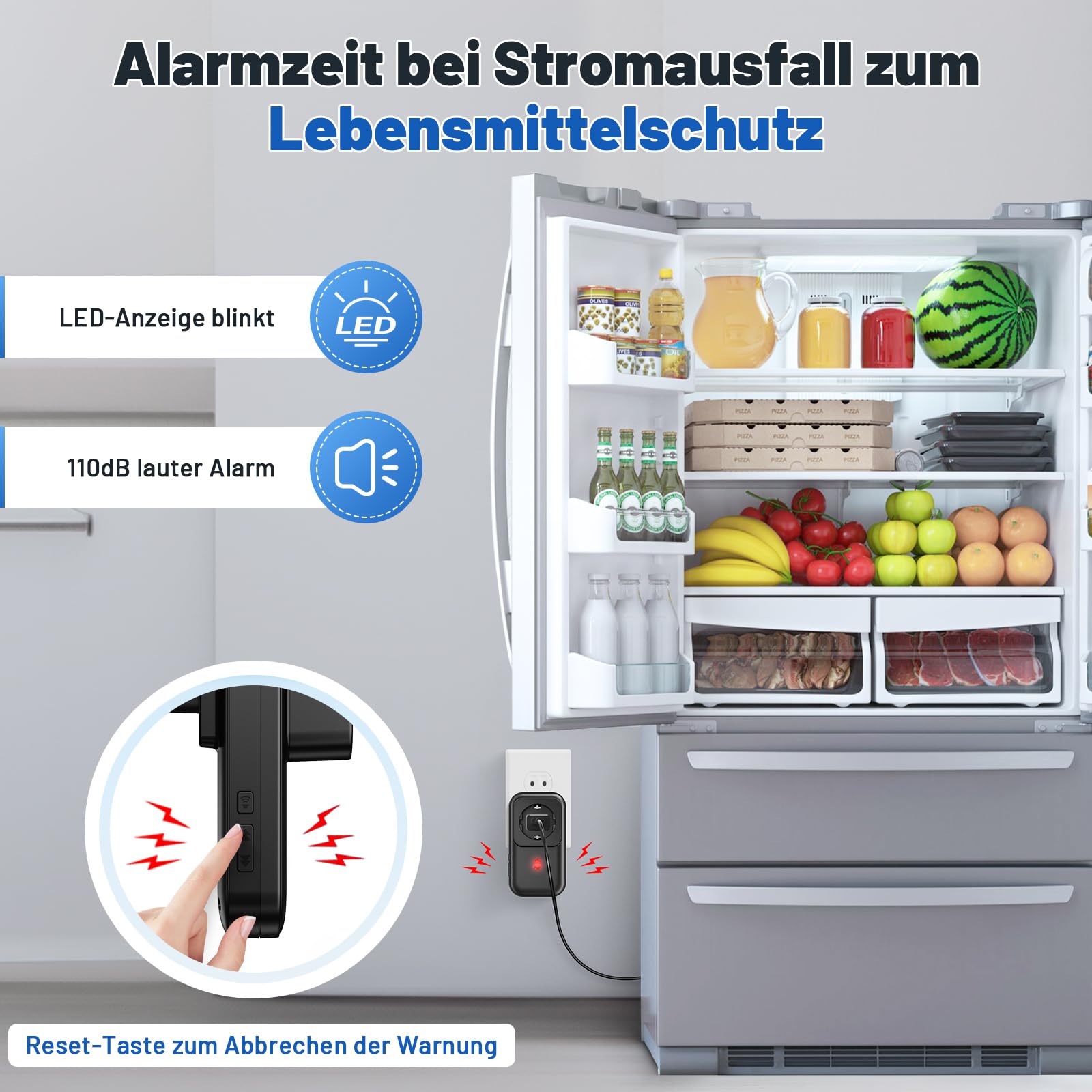 Alarme de Coupure de Courant avec Affichage LED, détecteur de Coupure de Courant avec 5 Niveaux réglables, 0 à 110 DB 7 sonneries, idéal pour la Surveillance des réfrigérateurs