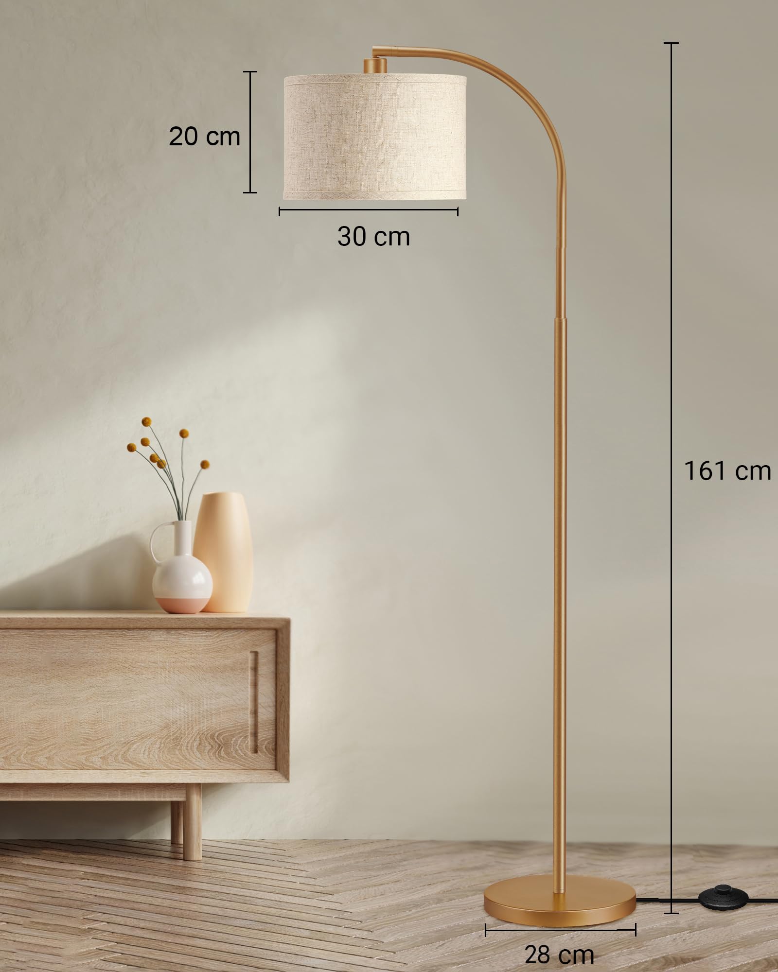 EDISHINE Lámpara de Pie Arco 161cm Pantalla de Lino Beige E27 con Bombilla LED Ajustable Dorado