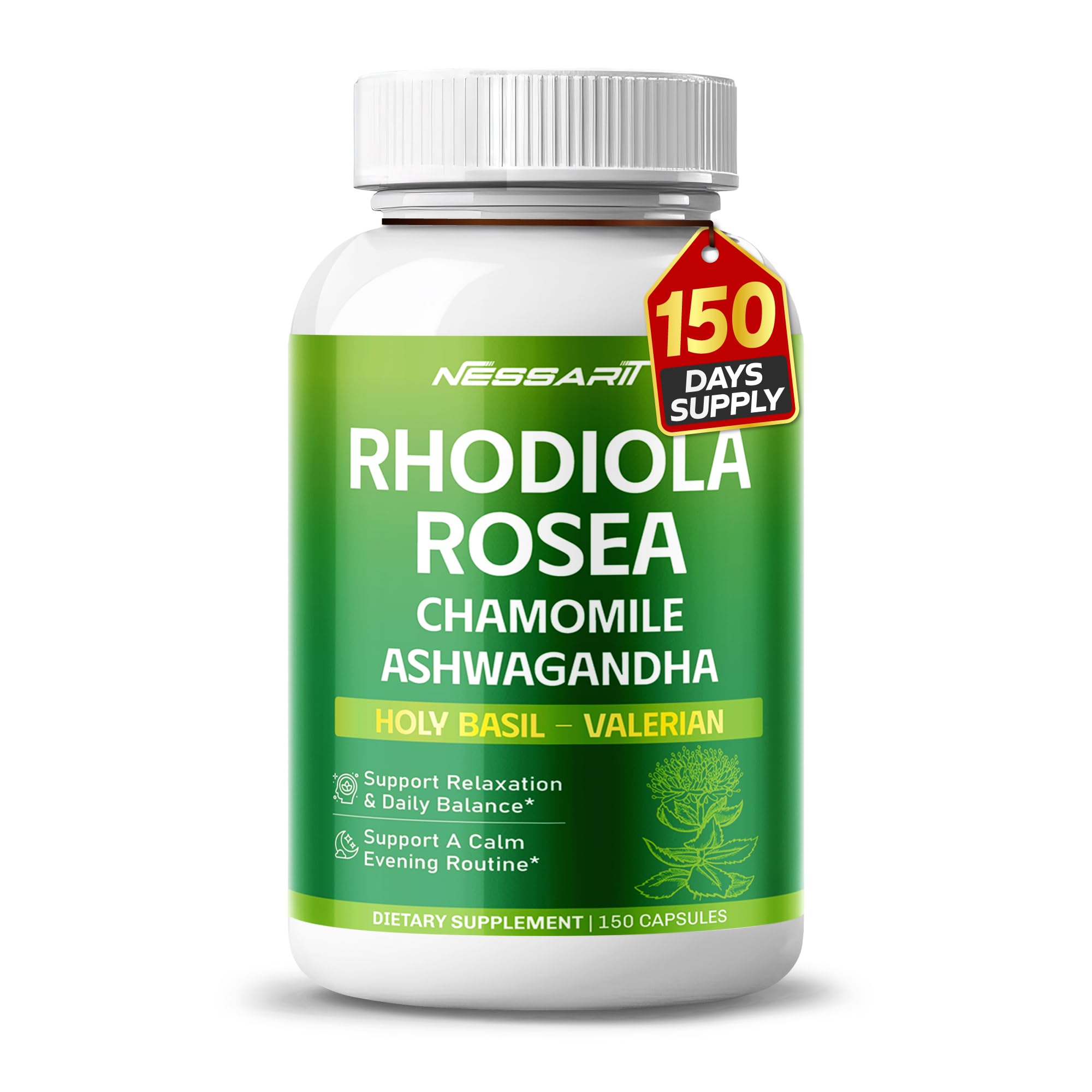 RHODIOLA ROSEA Supplement- 11-in-1 Natural Blend with Chamomile L-Theanine Ashwagandha Holy Basil Valerian Passionflower - 150 Count