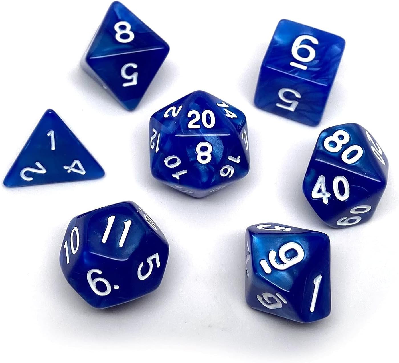 Marble Swirl Polyhedral Dice Set - 7 Piece Dice Set with One D20, D12, D10, D8, D6, D4, and D00 (Black Marble with White Font)