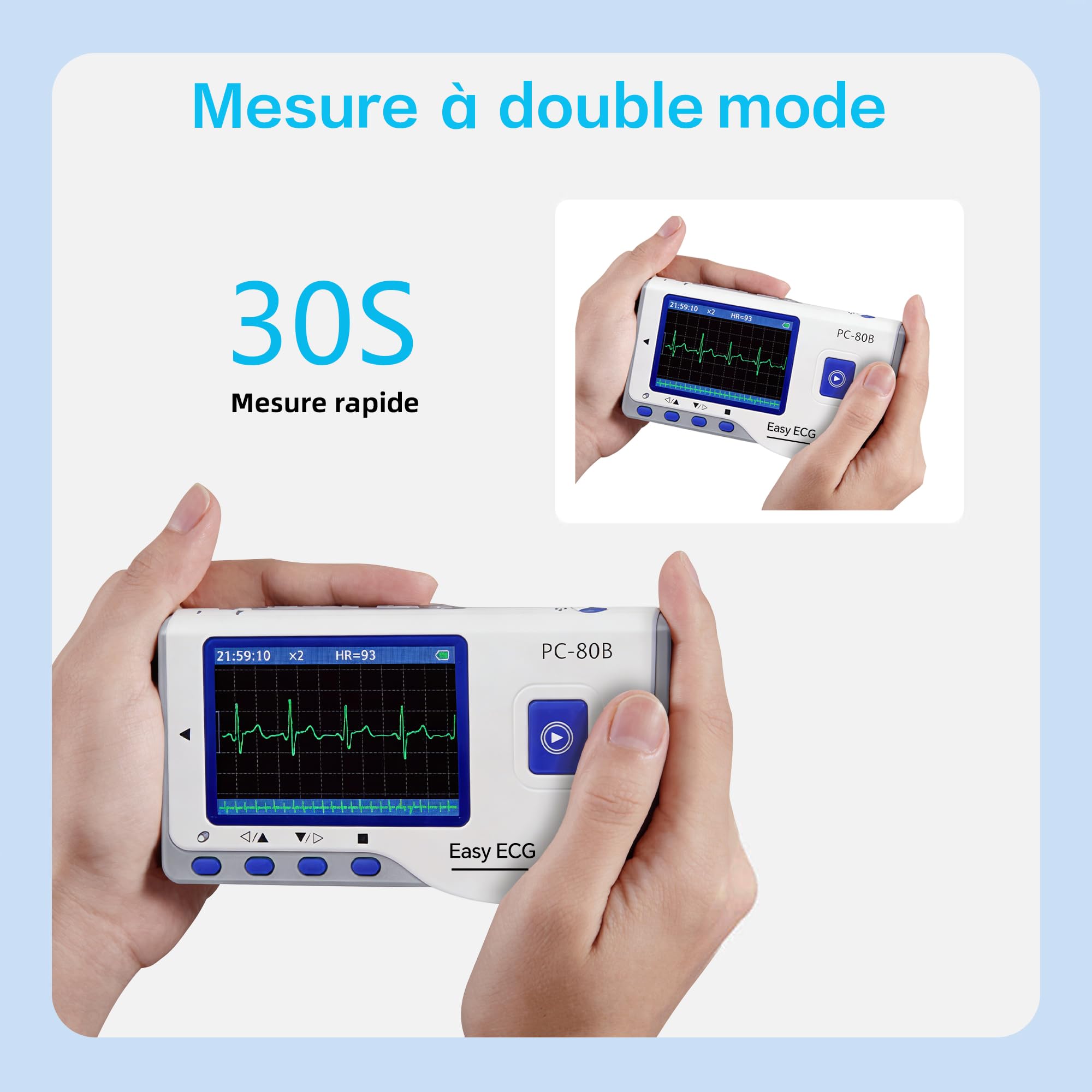 ECG Portable 3 Dérivations avec Analyse Algorithmique – 22 Heures d’Enregistrement Continu, Écran LCD Intégré, Compatible Mac et Windows, Idéal pour Usage Domestique