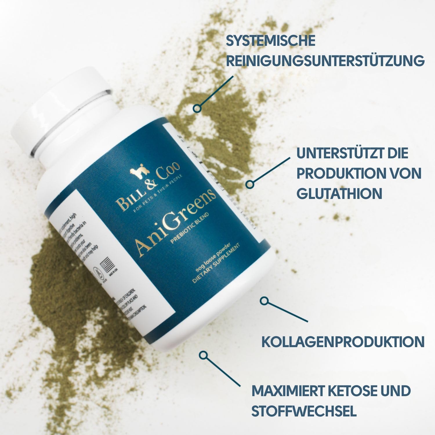 Bill & COO AniGreens für Haustiere | Ballaststoff-Mix | 90 g Pulver | Ergänzungsfuttermittel mit ausgewählten Ballaststoffen für Hunde und Katzen – einfach täglich anzuwenden.