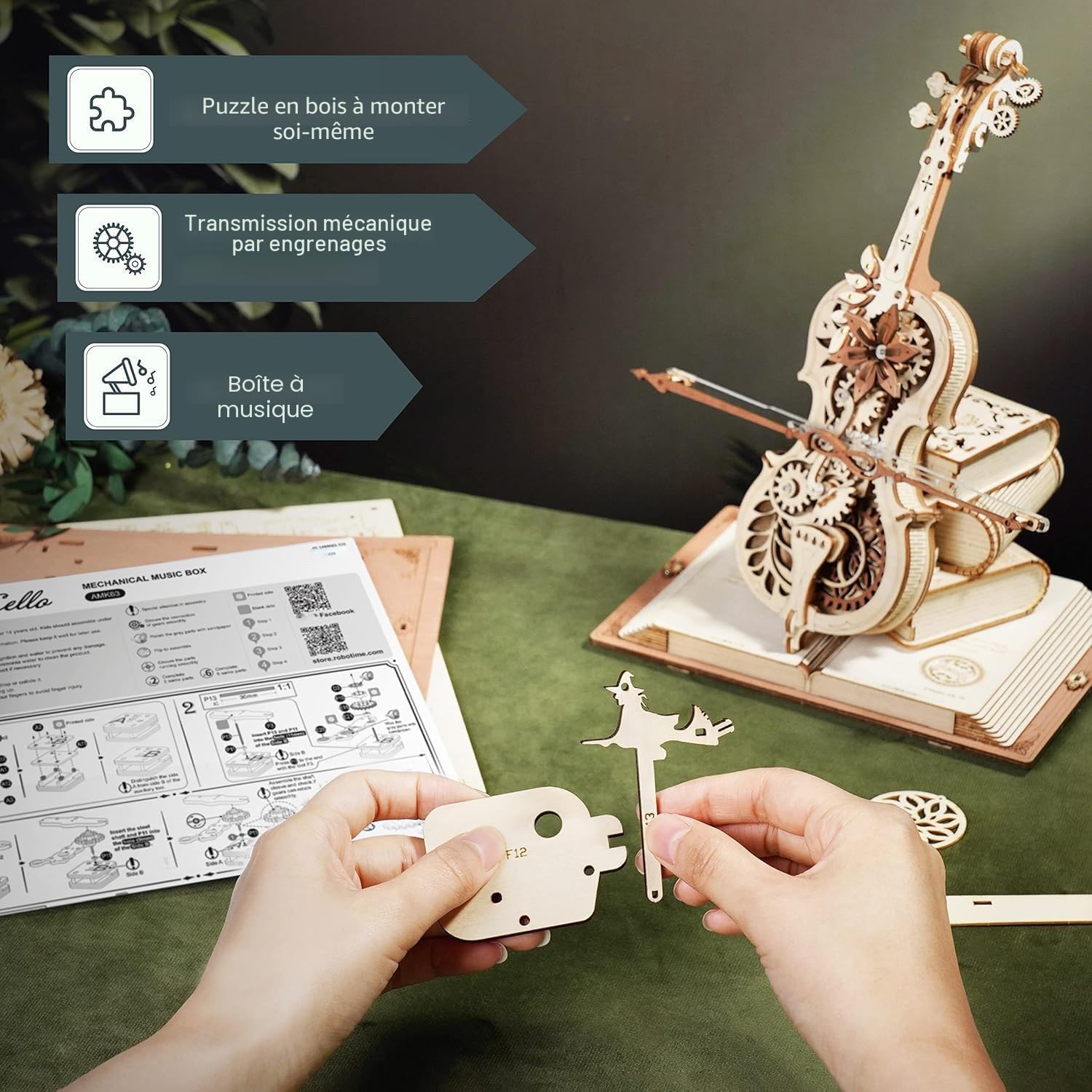 ROBOTIME Puzzle 3D en Bois pour Adultes - Boîte à Musique Violoncelle - Kit de Maquette d'engrenage de Construction - Décoration Exquise Cadeaux