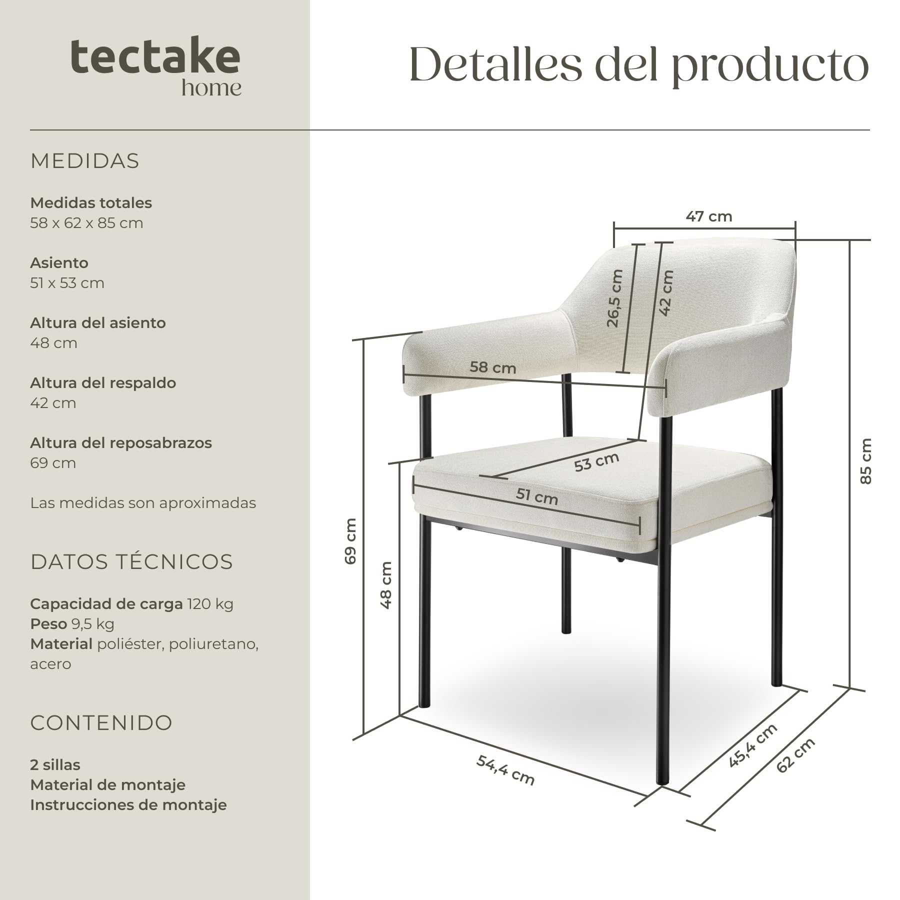 tectake® Silla de Comedor Acolchada, Tapizada en Tela, con Respaldo Continuo y Reposabrazos, Patas de Acero Estables, Silla para Cocina, Salón, Dormitorio - 2 sillas Tejido Blanco Roto/Negro