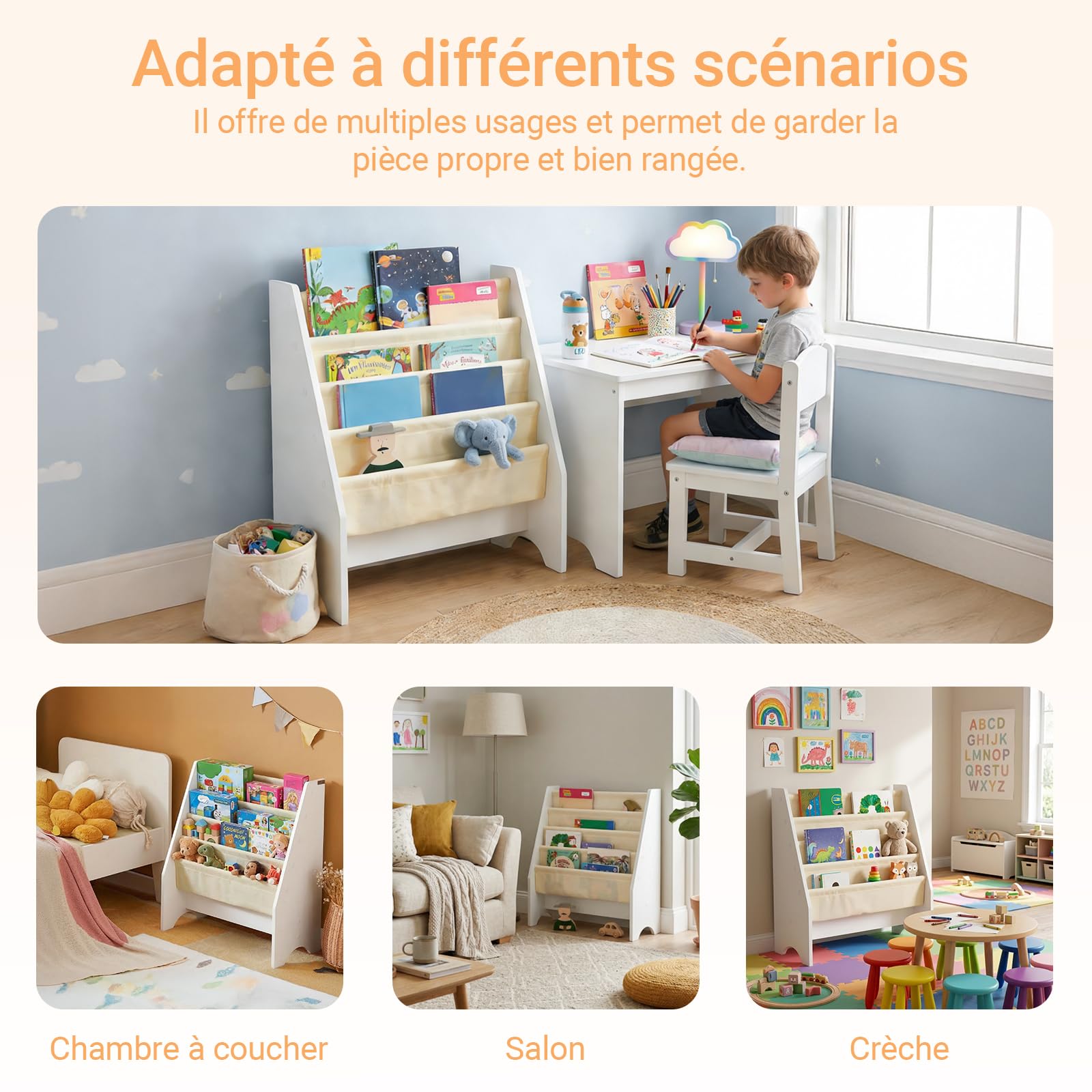 SoBuy Bibliothèque Enfant Rangement Jouet Enfant avec 4 Poches Tissu Étagère Chambre pour Jouet et Livre Bibliothèque Meuble de Rangement Blanc 62x30x71cm FRG225-W
