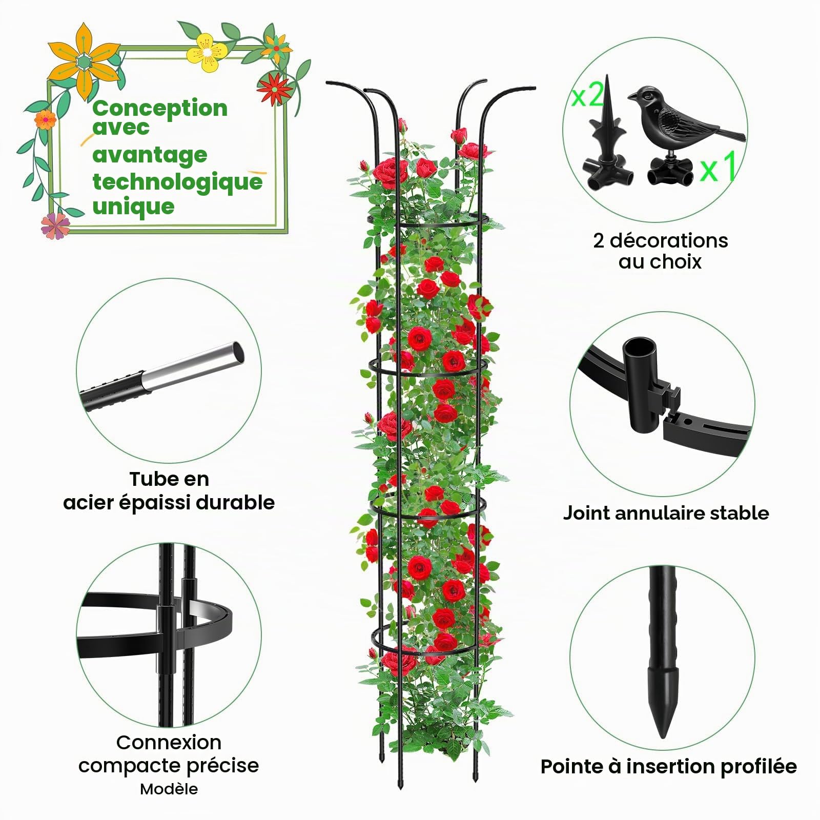 MQUPIN Treillis de Jardin pour Plantes Grimpantes,192CM Noir Tour Jardin Obélisque Treillis Métal Antirouille Plante Pot Support Escalade pour Intérieur Extérieur Fleurs Légumes Fruits(2 Pièces)