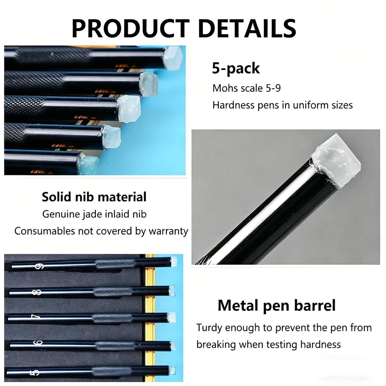 Kit De Prueba De Dureza Mohs De 5 Piezas, Kit Portátil para Medir La Dureza De Metales, Puntas De Dureza Mohs 5-9, Probador De Rayado, para Joyería De Jade, Rocas Y Minerales