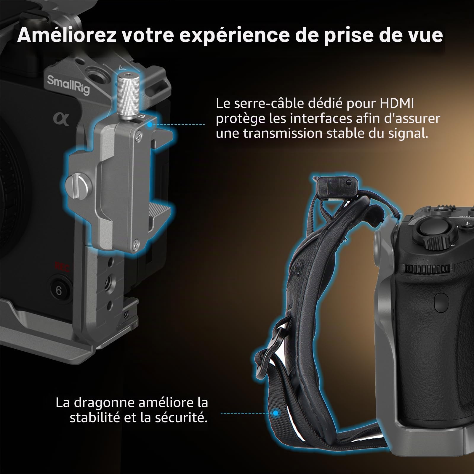 SMALLRIG Kit Cage Caméra HawkLock QR pour Sony FX3 / FX30 avec Extension de Poignée XLR, Dragonne et Serre-câble pour HDMI, Griffe Froide QR, Rail OTAN/Plaque QR pour Arca, Gris Titane - 4771