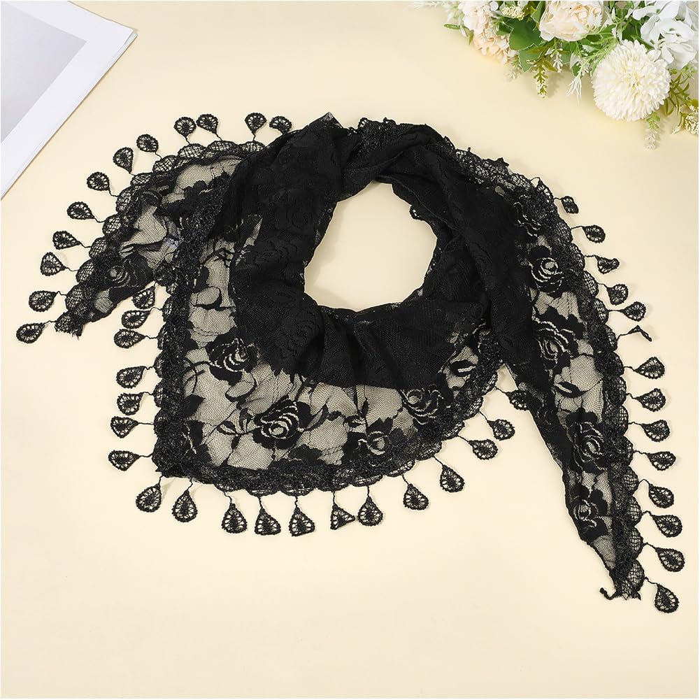 2 Velo Triangular de Encaje de Poliéster con Flores, Diade de Encaje, Chal, Bufanda Latina, Diade de Rosas Negras, Mantilla, Cátedra, Velo de Capilla para Mujeres, Da de Honor de Bodas