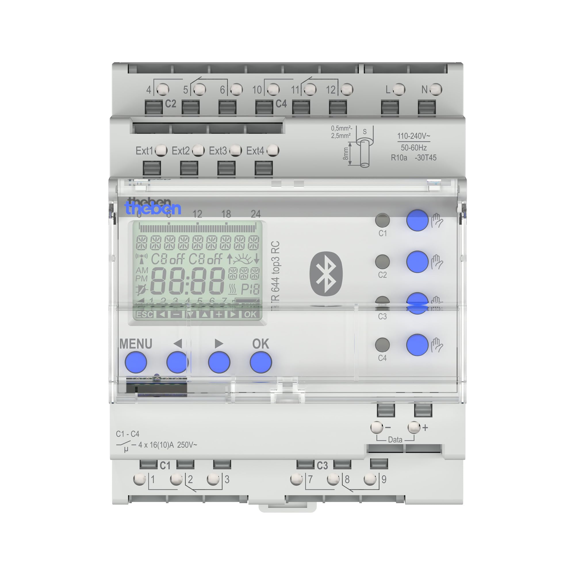 Theben 6440330 TR 644 top3 BLE RC Jahres-Zeitschaltuhr 4-Kanal Astro | 600 W LED, 10 Jahre Gangreserve, +/-0,5 s/Tag oder DCF/GNSS Antenne, 800 A/200 µs, 4 ext. Eingänge, Bluetooth/App, 800 Plätze