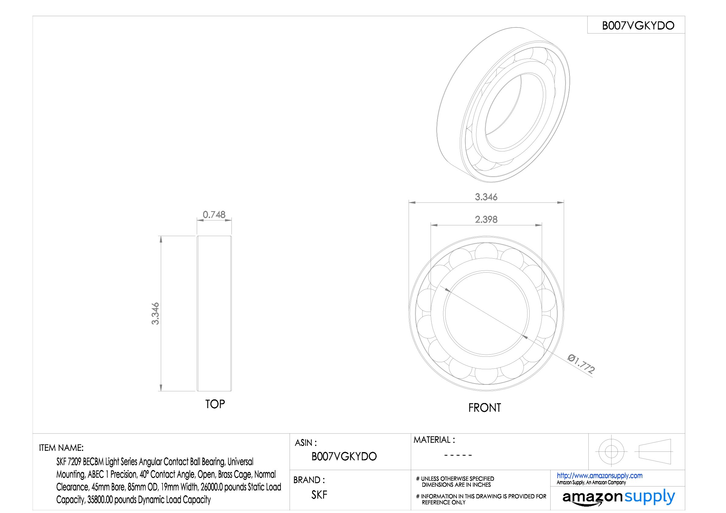 SKF 7209 BECBM Radial-Kugellager, eckig, Stahl