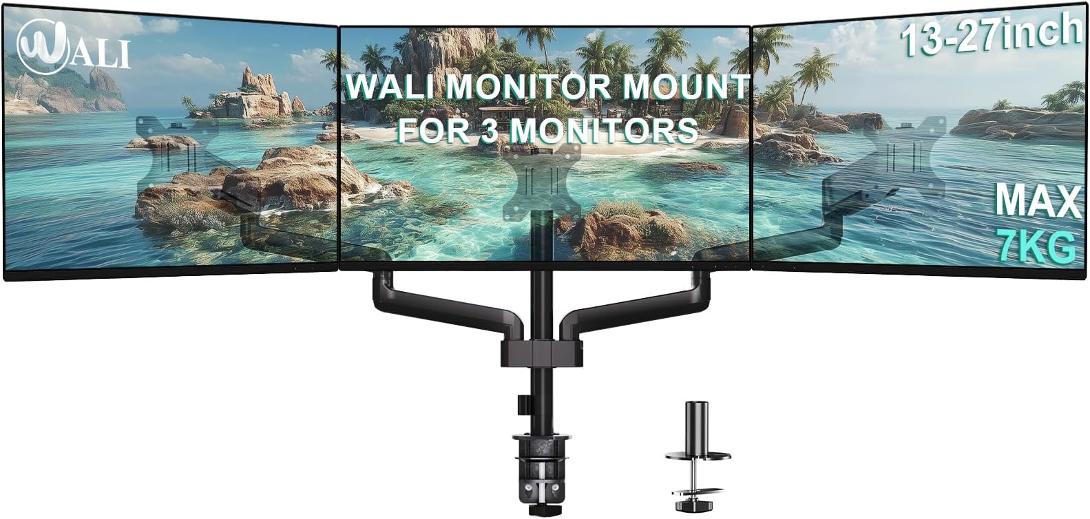 WALI Triple Monitor Mount, 3 Monitor Stand Desk Mount with Premium Gas Spring Arm for Screens up to 27 inch, Mounting Holes 75x75 or 100x100 mm (GSDM003), Black