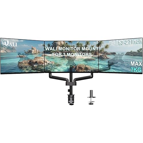 WALI Triple Monitor Mount for 13-27 inch Screens, Adjustable 3 Monitors Desk Mount with Swivel, Tilt, Clamp & Grommet Kit, Gas Spring Arm Triple Monitor Stand, VESA 75x75/100x100mm (GSDM003), Black