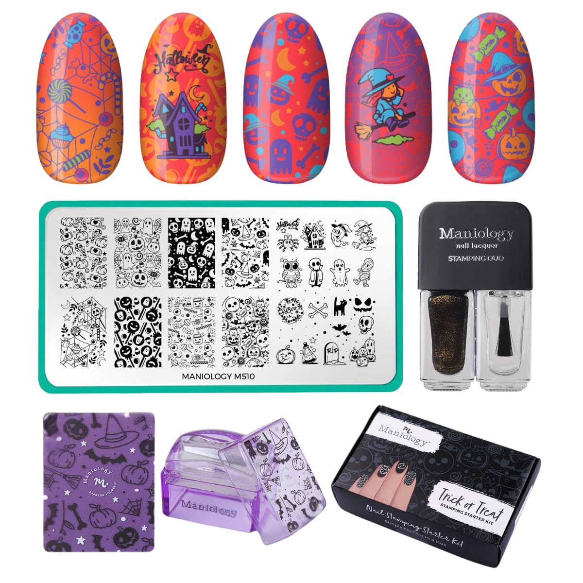 Maniology Trick Or Treat Nail Stamping Starter Kit, Spooky, Cute and Classic Halloween-Themed Manicure Designs