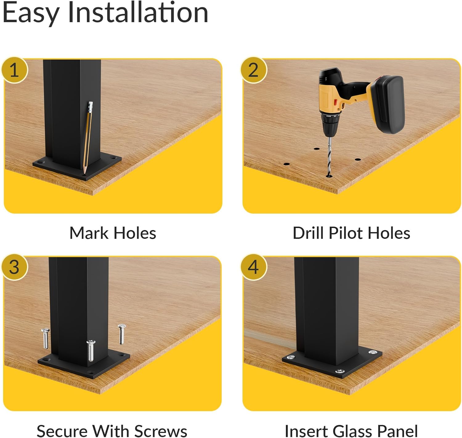 Brixwell Aluminum Partition Post, End Position, Matte Black Finish, 30" Height, 1-1/8" Square Extrusion, for 1/4" Glass, 2" Square Base Size, Includes Top Cap, Mounting Base, Screws