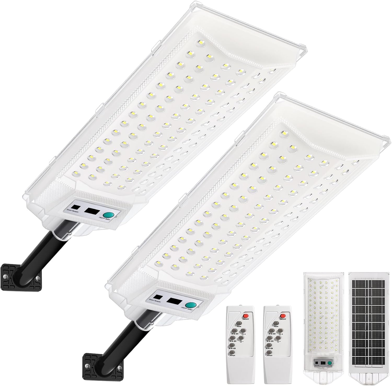 Large White Solar Street Lights Outdoor, Dusk to Dawn Solar Security Flood Lights, IP65 Waterproof Motion Sensor with Remote Control for Wall Mount, Entryway, Yard, Garage, Porch 2 Pack