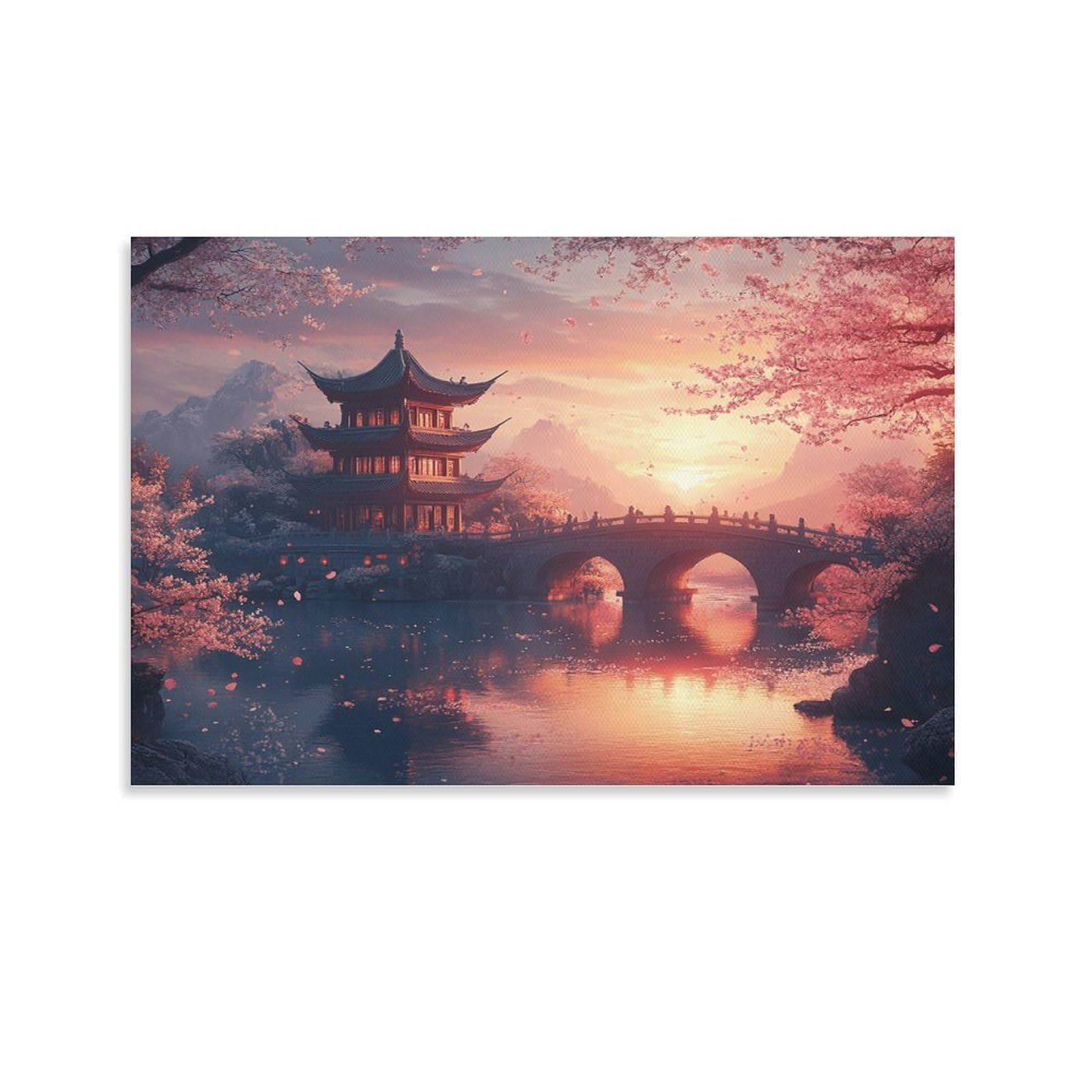 CPLVKWRQJ Ancient Chinese Pavilion Single Piece Cherry Blossom Pagoda Sunset Canvas Art - Kitchen Canvas Wall Decor Removable Multi-Purpose Ready to Hang 20x30inch(50x75cm)