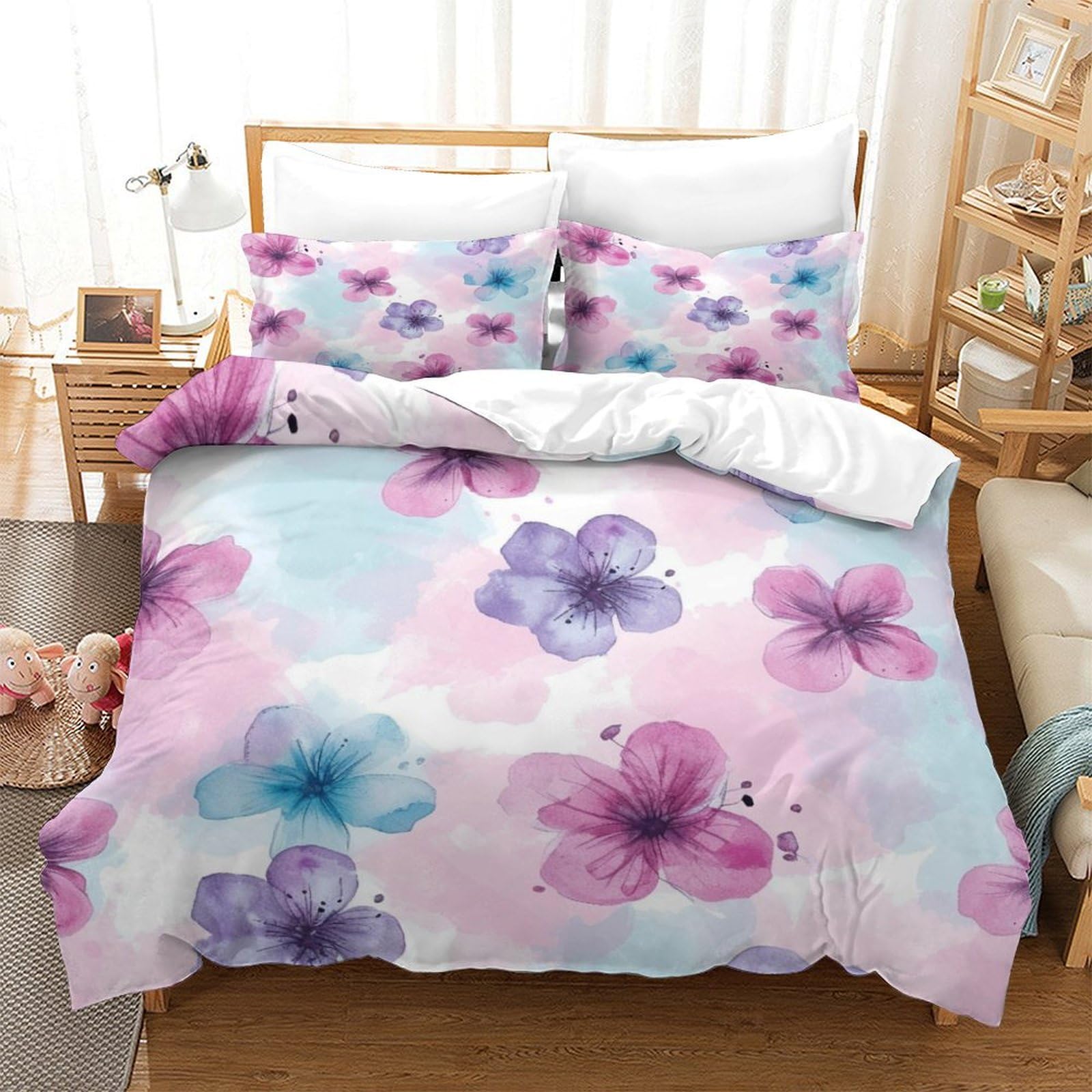 P1S9U7W5Y Dreamy Floral 3D Printed Duvet Cover Set 3pcs Microfiber Blossom Pattern Bedding Set Double（200x200cm）