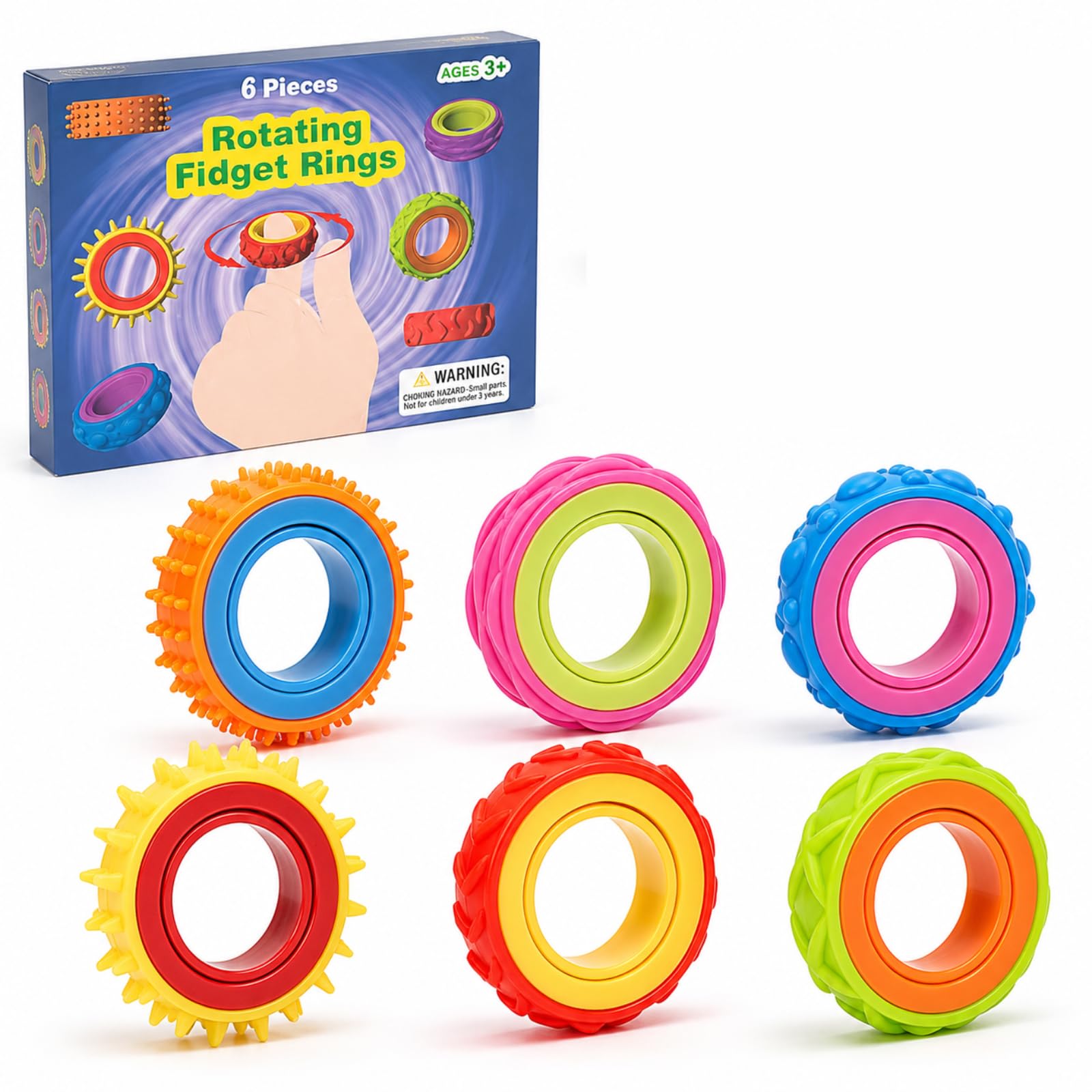 6 Pack Fidget Sensory Rings, Rotating Textured Finger Spinner Rings - Focus Bands,Texture Stress Finger Toys for Autism Calming,Fidget Toys For Kids,Anxiety Relief