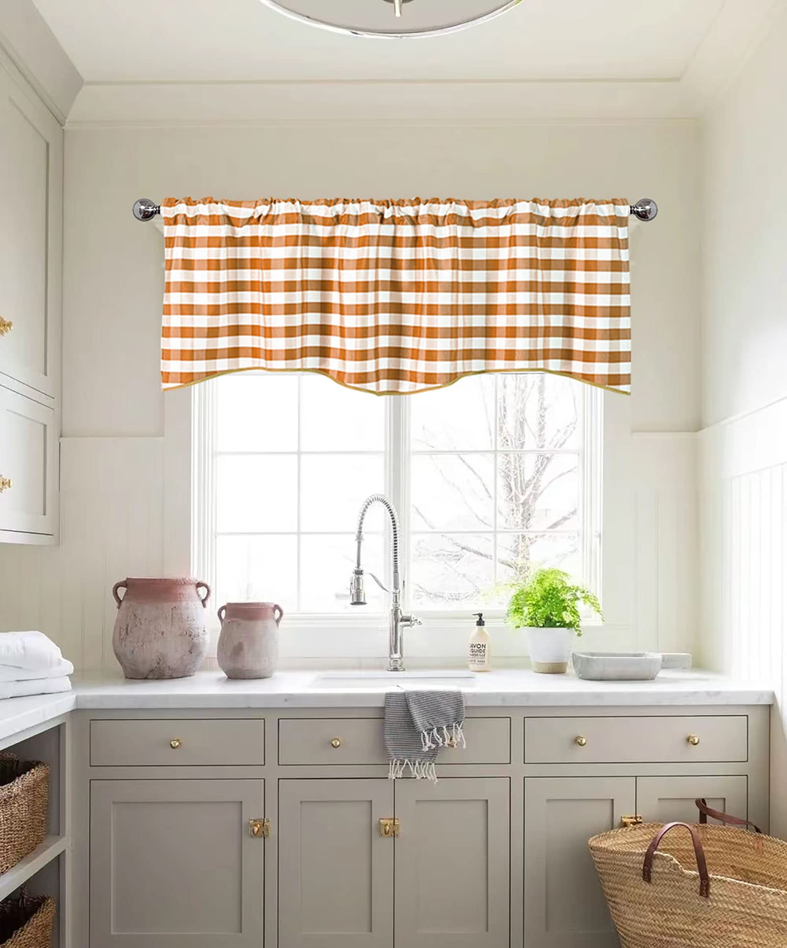 BOYOUTH Semi Shading Scalloped Striped Pattern Valances Short Curtains,Rod Pockets Check Valance for Kitchen,Cafe,Bathroom,52 Inches by 18 Inches,Orange and White,1 Panel