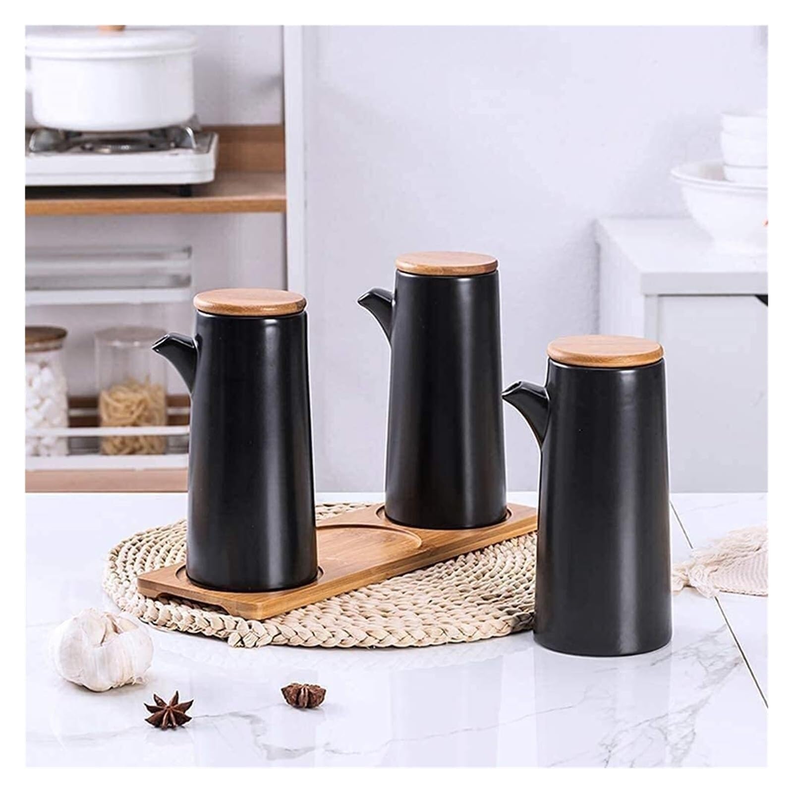 Distributore di Olio e aceto in Ceramica da 450 ml con Coperchio sigillato, Bottiglia di Olio Nera per Salsa di soia, aceto e condimenti liquidi