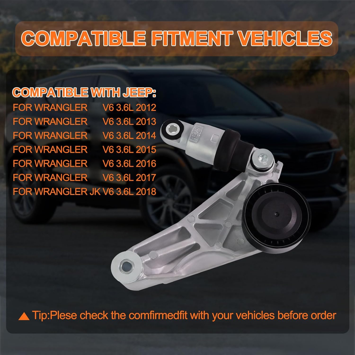 39415 Drive Belt Tensioner with Pulley Assembly Compatible with Jeep Wrangler 2012 2013 2014 2015 2016 2017 for JK 2018 V6 3.6L, Replace OE 04627038AA