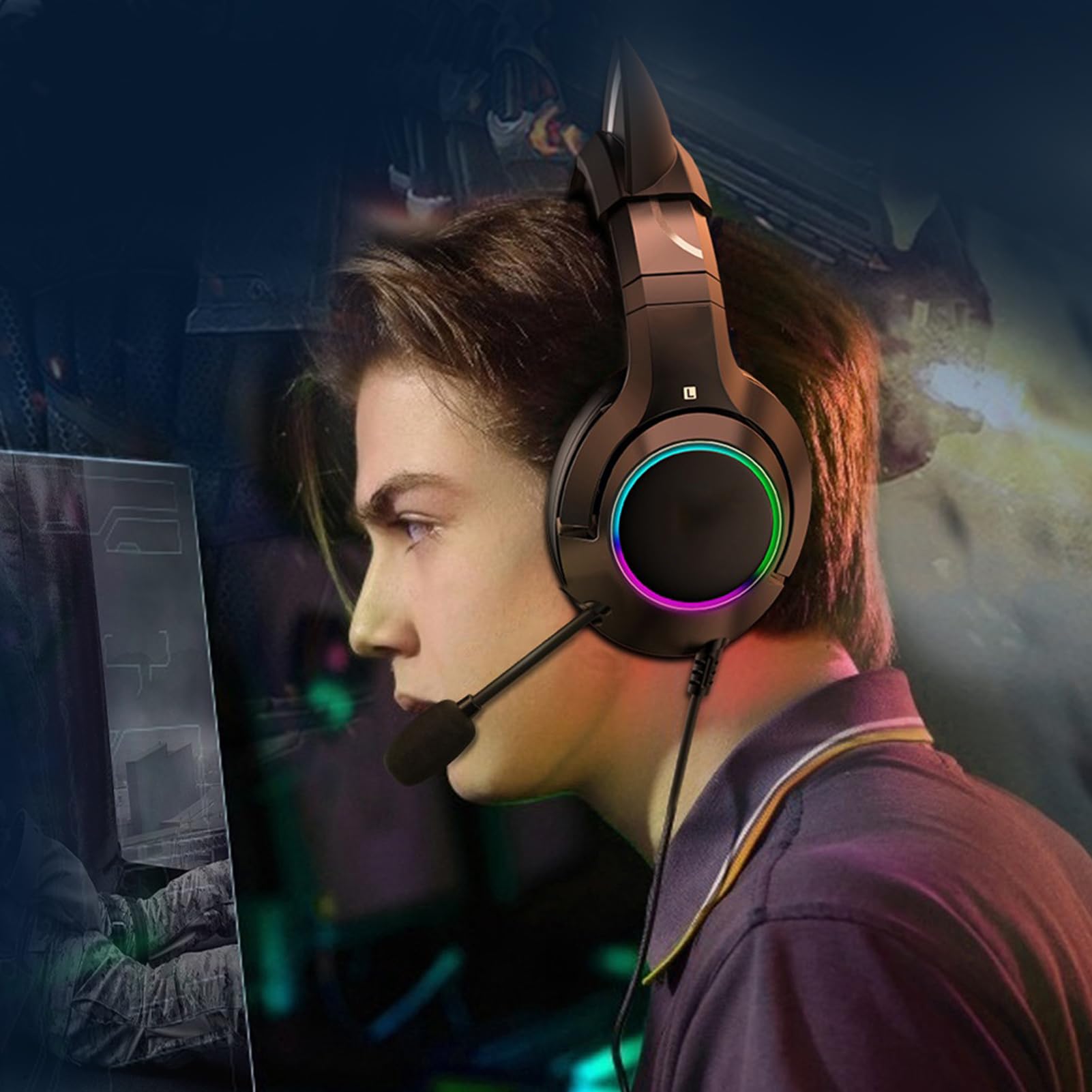 Gaming-Headset mit Mikrofon, abnehmbare Katzenohr-Kopfhörer, Katzenohr-Design mit RGB-Beleuchtung, Verstellbarer Kopfbügel-Kopfhörer 7.1 Surround Sound, leichte Over-Ear-Kopfhörer (Schwarzer