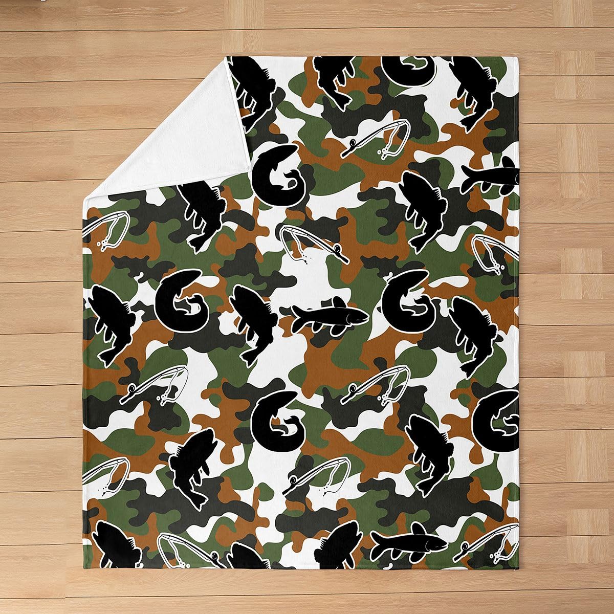 Loussiesd Basowa ryba pluszowy koc narzuta moro szczupak ryby polowanie flanelowy koc podwójny, 152 x 180 cm, kamuflaż, całoroczny, zielony kamuflaż, na kanapę, łóżko, sofę, do sypialni, dekoracja