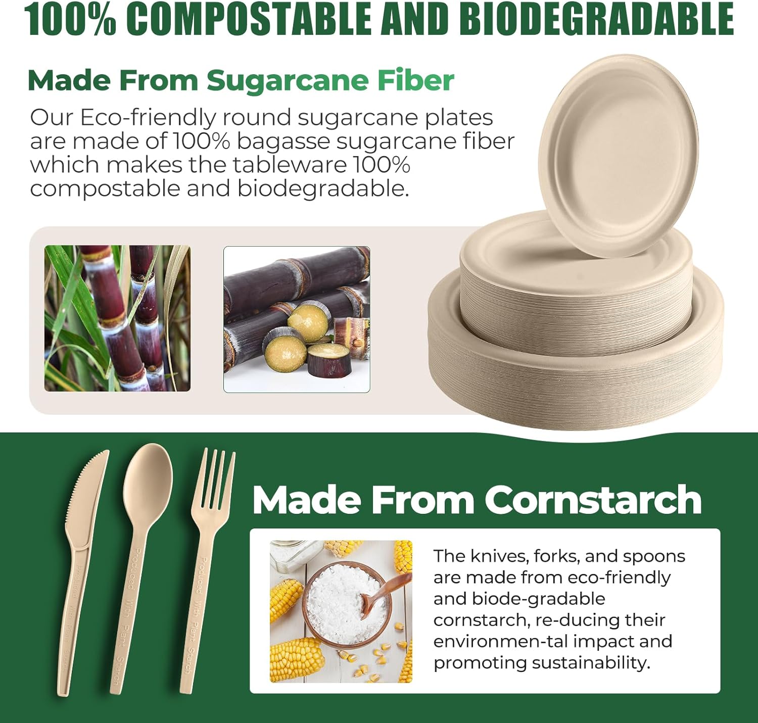 250 Piece Biodegradable Paper Plates Set Disposable Dinnerware Set, Eco Friendly Compostable (EXTRA LONG UTENSILS), Utensil include, Forks, Knives and Spoons for Party andBirthday party, camping - Image 2