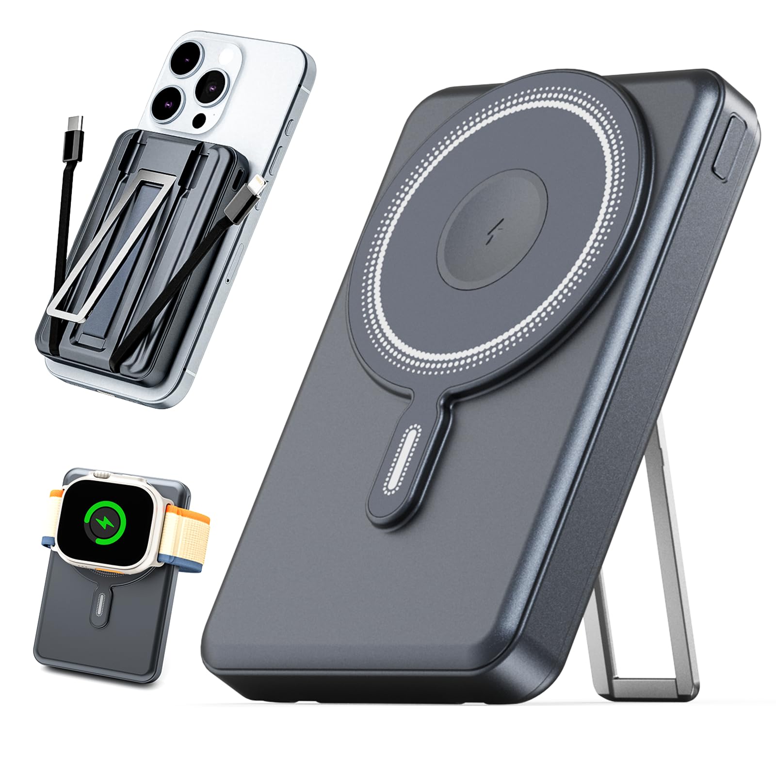 Eazpower for Magsafe Portable Charger 10000mAh, Wireless Magnetic Power Bank for Apple Watch, 5 in 1 Fast Charging External Battery Pack with Cable and Stand for iPhone 16 Pro Max/15/14/13 Mini(Black)