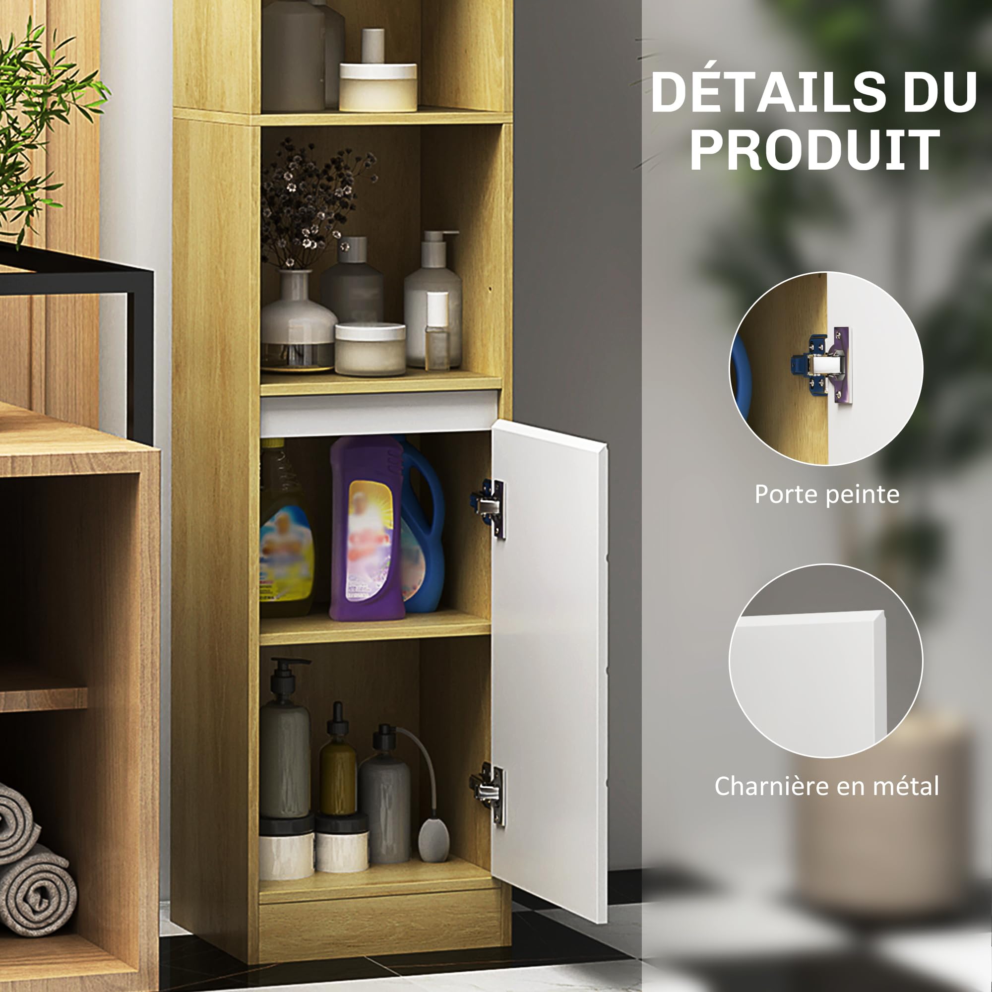 HOMCOM Meuble Colonne Salle de Bain à 6 Niveaux 30x24x170cm Chêne Blanc | Meuble de Rangement Étroit, 2 Portes, 2 Compartiments Ouverts, Étagère Réglable, pour Toilette, Petits Espaces