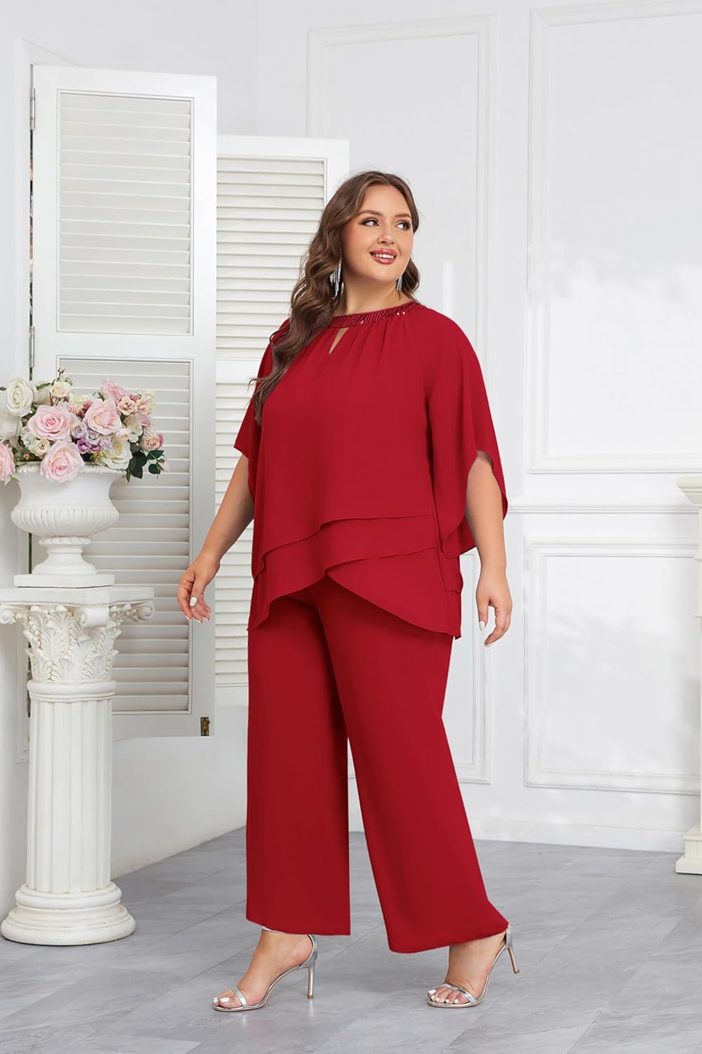 Hanna Nikole Mother of Bride Pant Suits Plus Size Half Sleeve 2 Piece Chiffon Pantsuit Formal Wedding Guest Outfit - Image 5